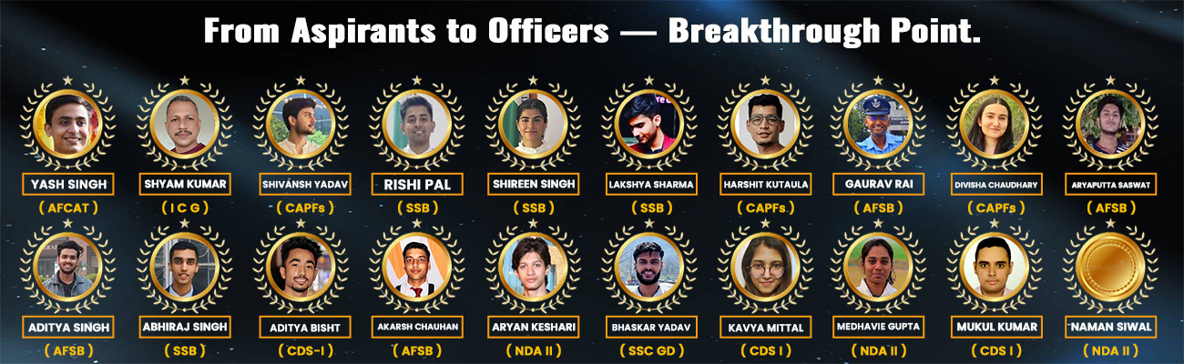 Breakthrough Point Defence Academy toppers and selected students from NDA, CDS, AFCAT, CAPF, and SSB